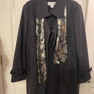 Liz Claiborne Dark Gray Trench Coat with Patterned Scarf